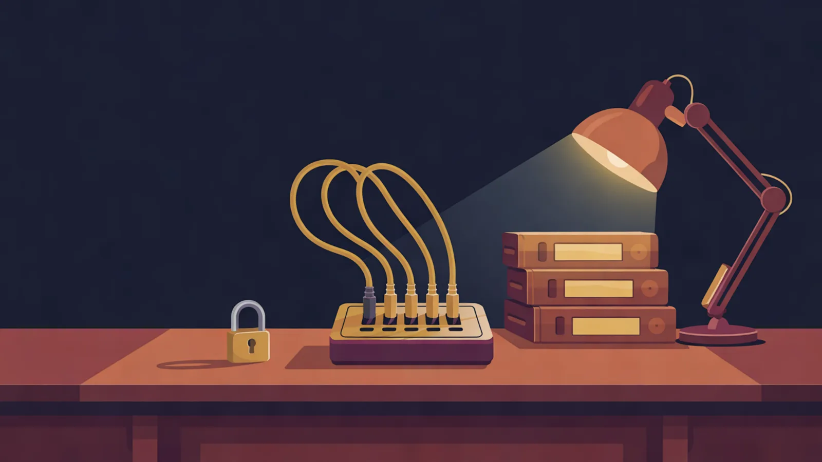 A brass switchboard on a wooden desk with golden cables plugged in, a small padlock beside it and a stack of three archive boxes under a desk lamp.