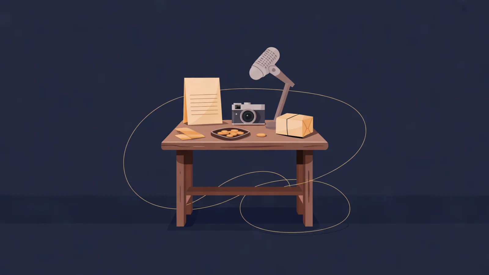 A camera, microphone, paper folder, parcel and coin tray on a small workbench, connected by golden curves against deep navy.