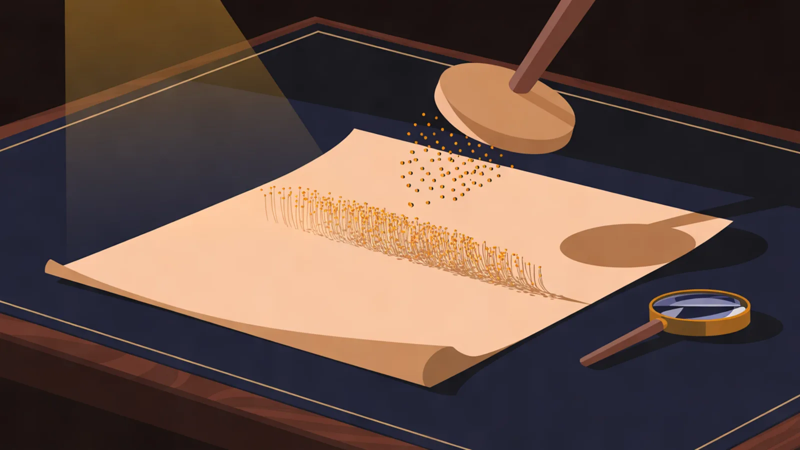 A sheet of pale paper on a navy desk with a band of tiny amber points woven into it, a round felt brush lifting a few points into the air, and a brass magnifying lens beside it.