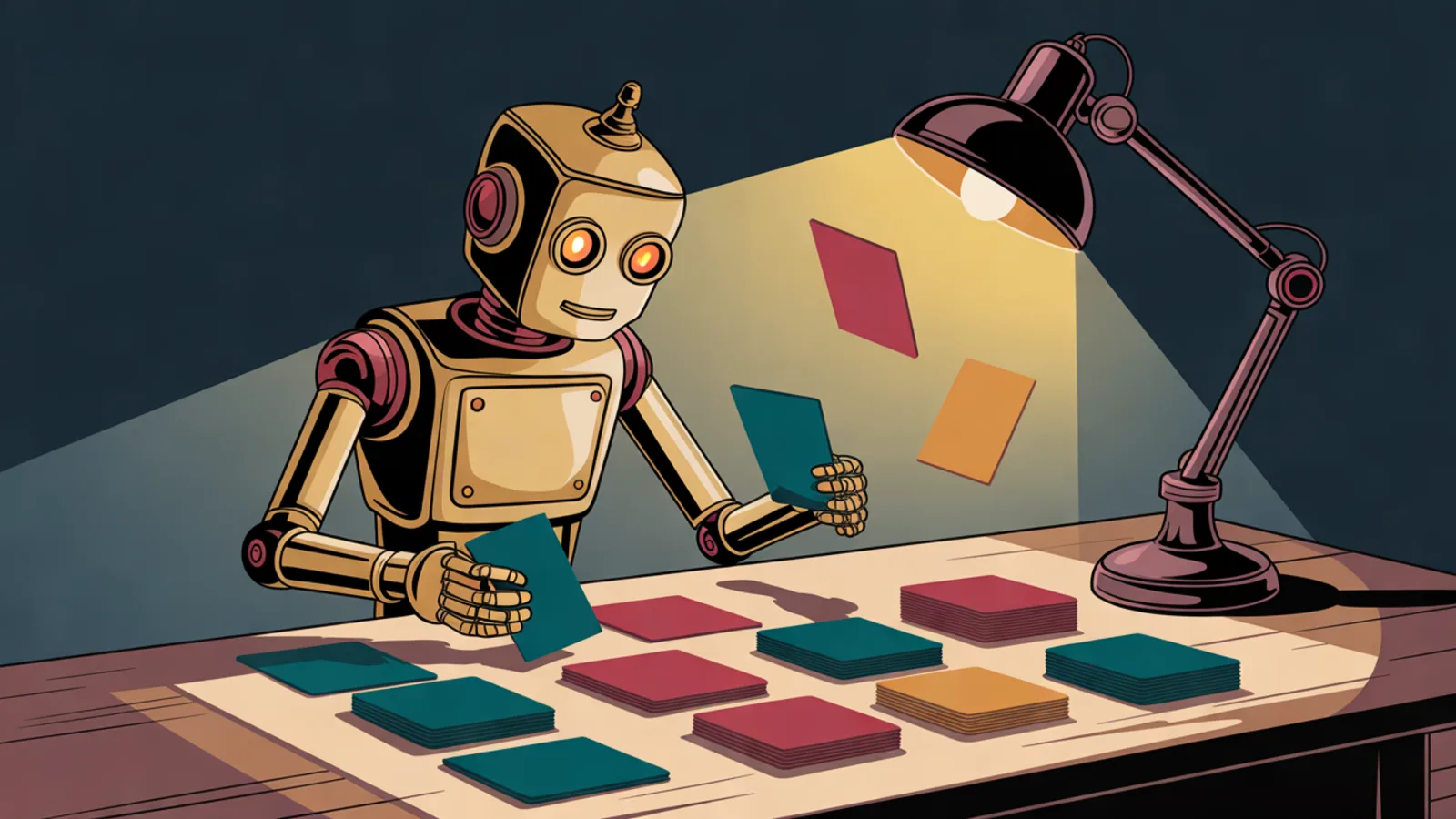 A brass robot at a wooden desk sorting colored blank cards into rows under a desk lamp, with a few cards floating in the air.