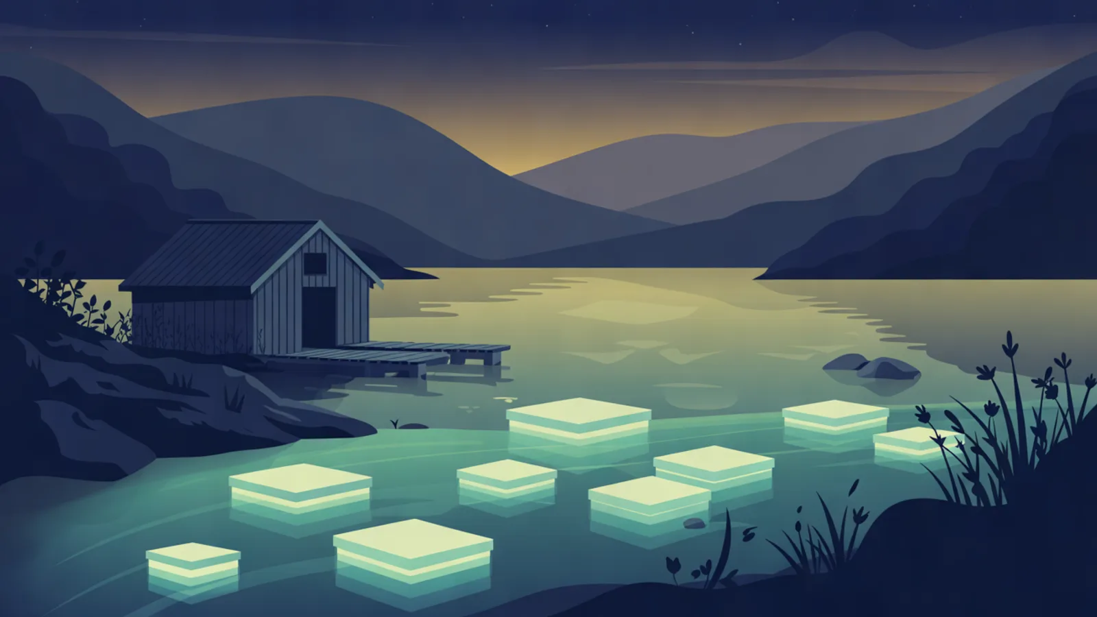 A mountain lake at twilight with a wooden boathouse on the shore and glowing square blocks resting in layers in the water.