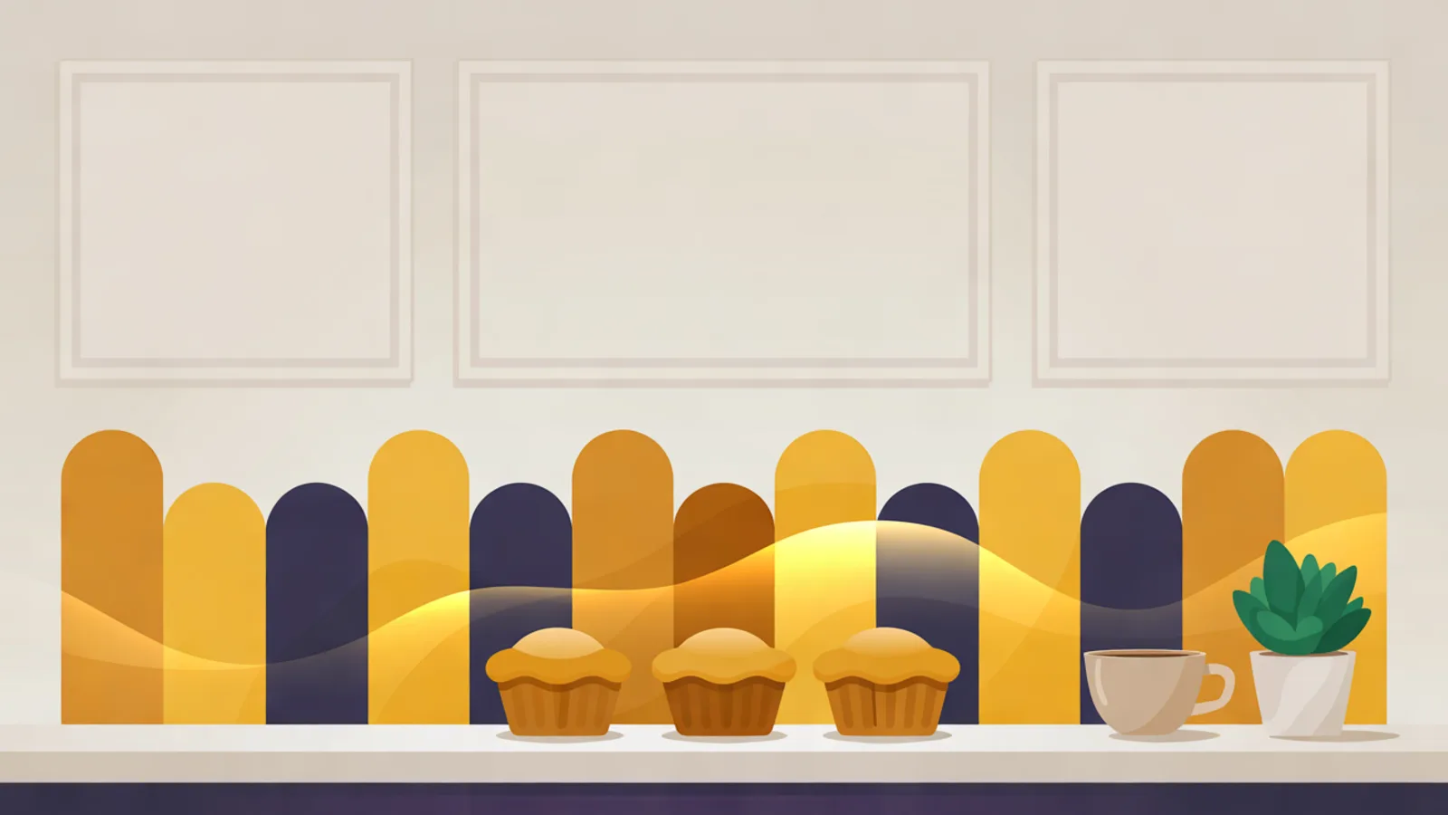 A bakery counter with three muffins, a coffee cup and a small plant, below a wall of tall gold and navy bar shapes with a flowing band of light.