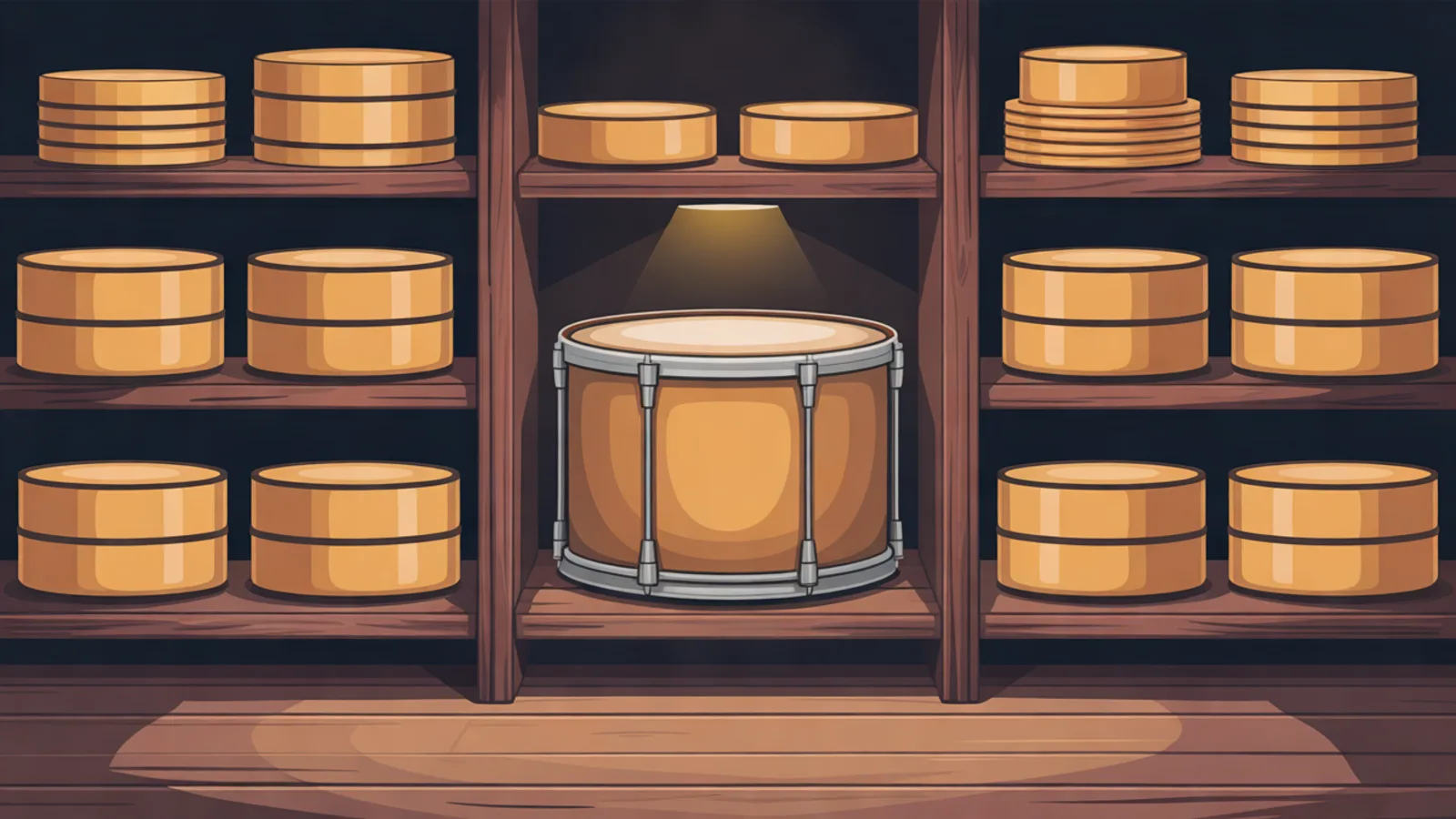 Wooden shelves stacked with round wooden drums in a warm storeroom, one drum in the center lit from above.