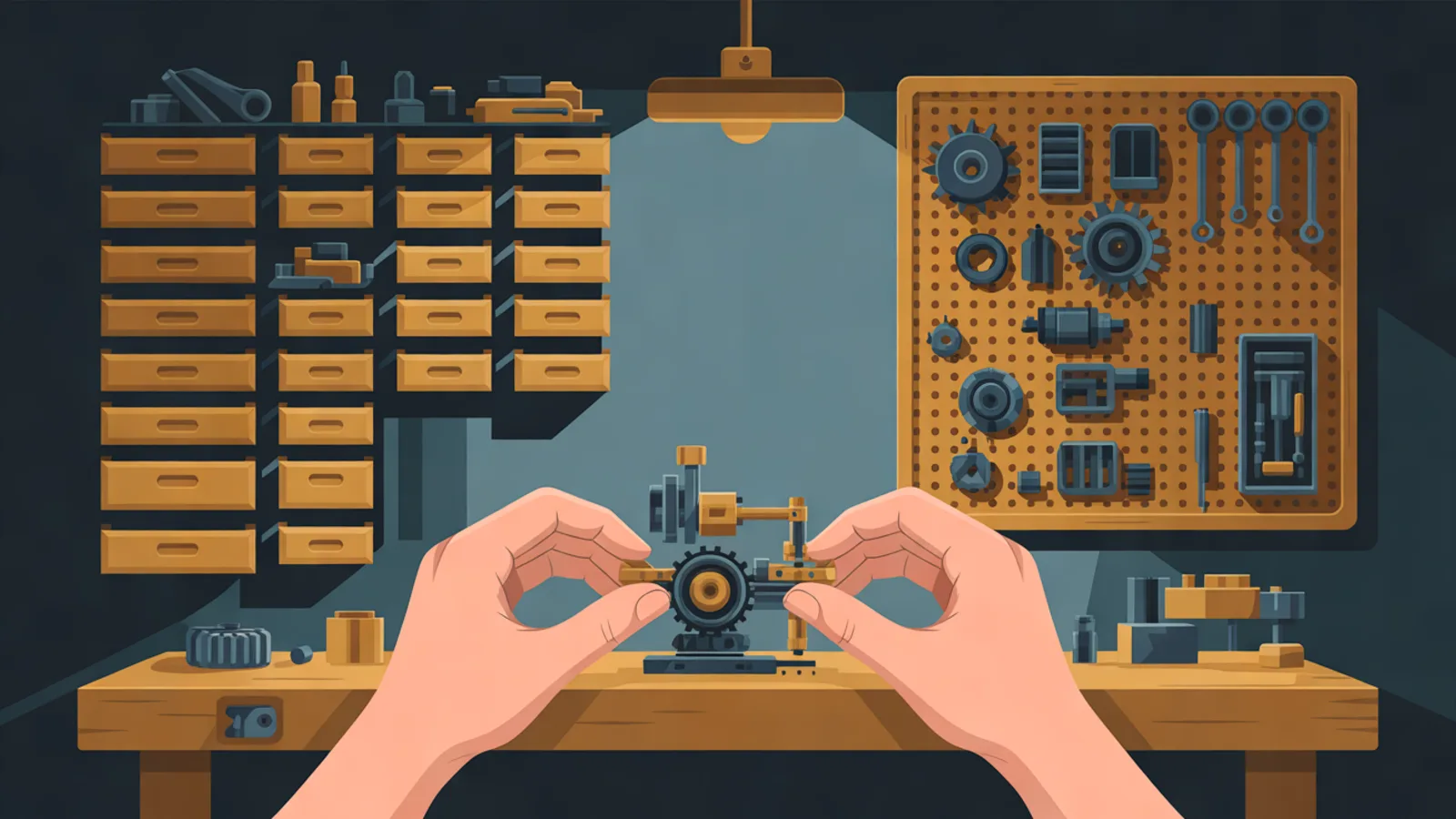 A wall of small wooden drawers and a pegboard of gears and tools above a workbench where two hands assemble a small brass machine.