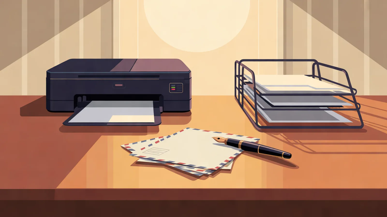 A desk with a printer feeding a blank page, a wire tray of paper, airmail envelopes and a fountain pen in warm morning light.