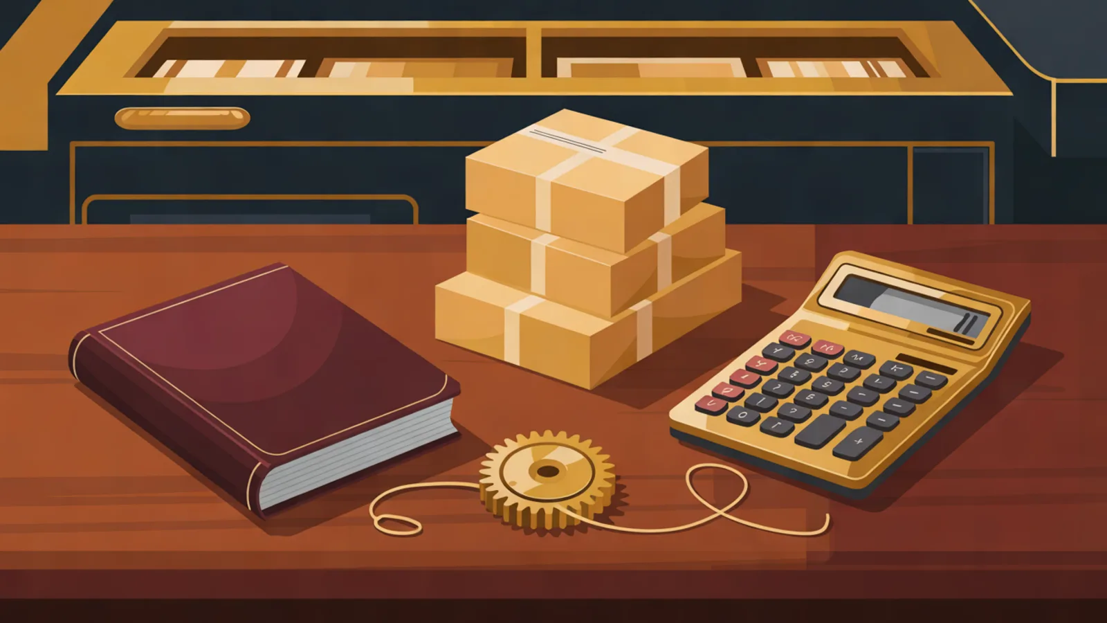 A shop counter with a stack of brown parcels, a closed red ledger and a gold calculator, joined by a thin golden thread looped through a brass gear.