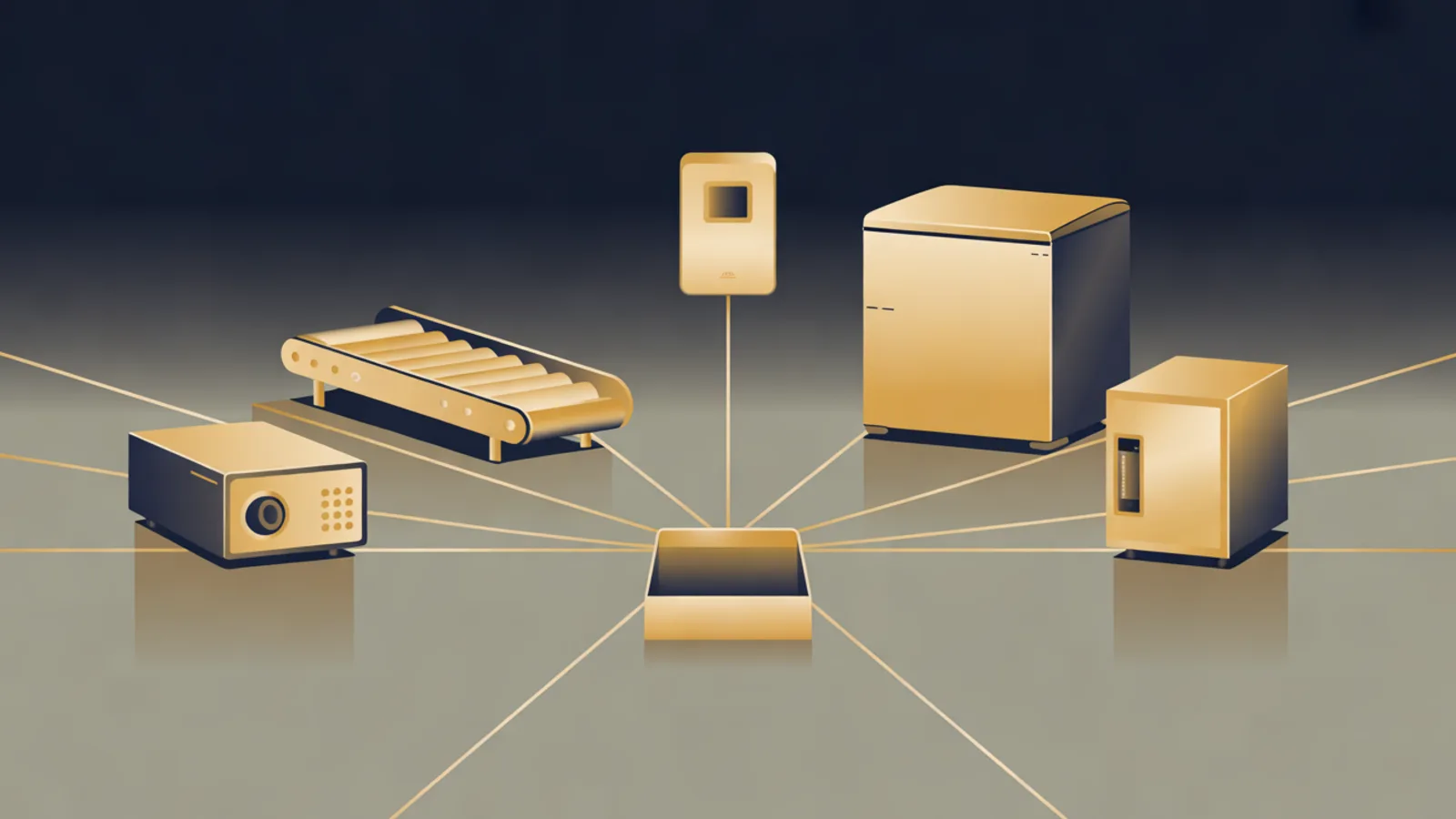Gold colored devices on a gray floor, a conveyor, a wall thermostat, a freezer, a small cabinet and a control box, each linked by thin lines to one open hub box in the center.