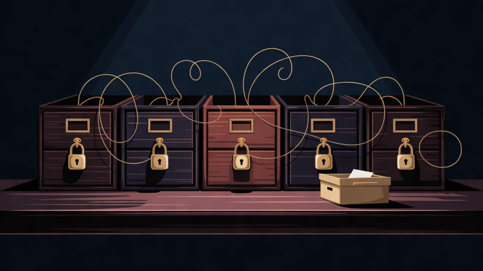 A row of wooden filing cabinets, each with a brass padlock, with golden threads looping from the drawers to one small card box on the desk.