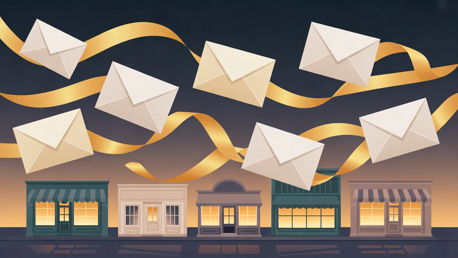 Paper envelopes riding curved golden ribbons through a dusk sky above a row of five small lit storefronts.