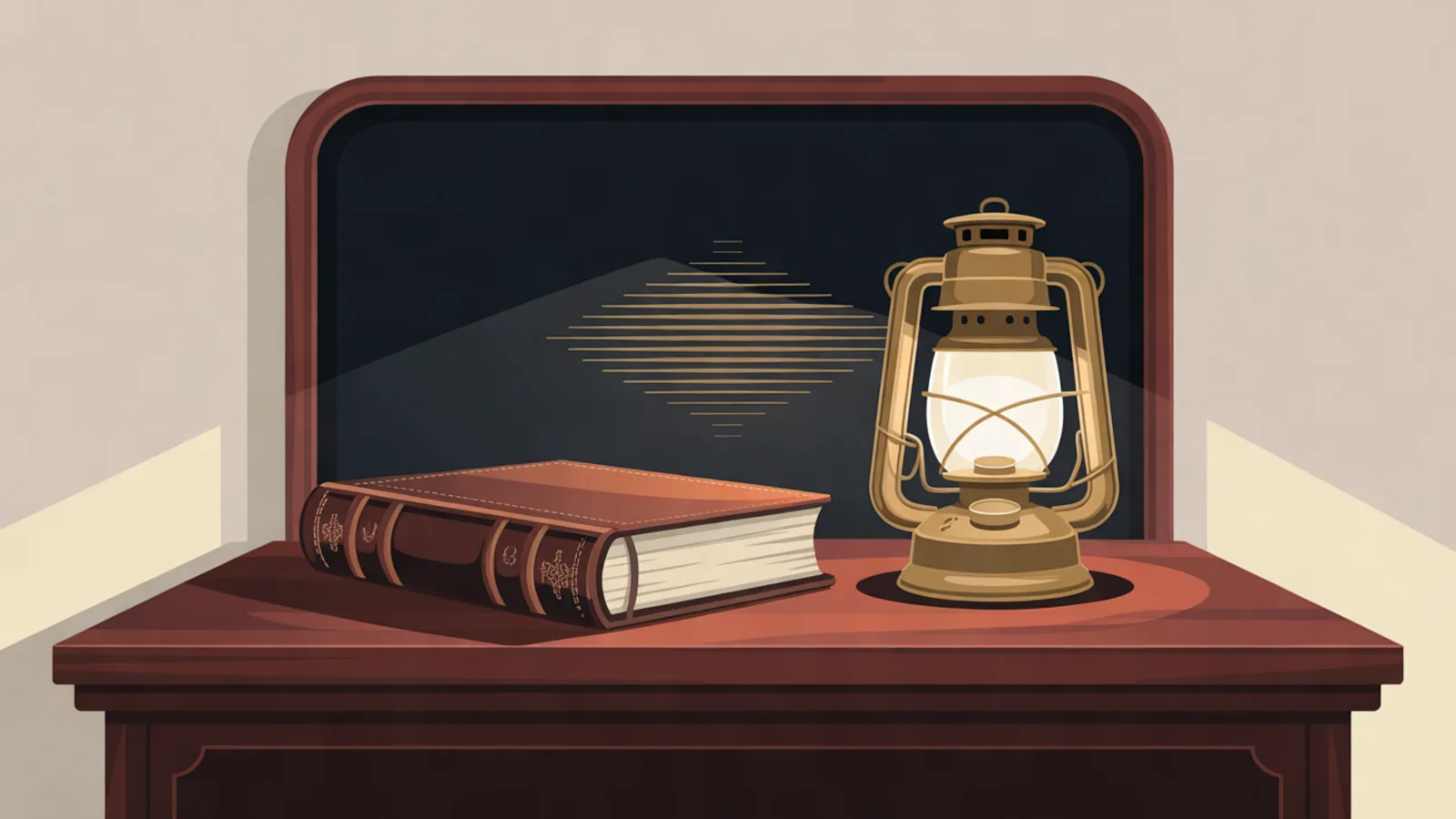 A leather log book and a brass lantern on a wooden desk in front of a dark panel crossed by faint golden pulse lines.