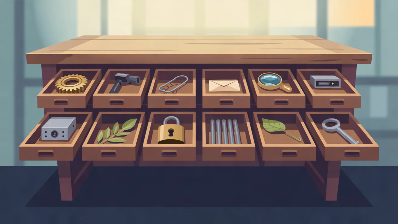 A wooden workbench with twelve open drawers, each holding one small object such as a gear, a magnifying glass, an envelope, a padlock, a leaf and a key, in warm light.