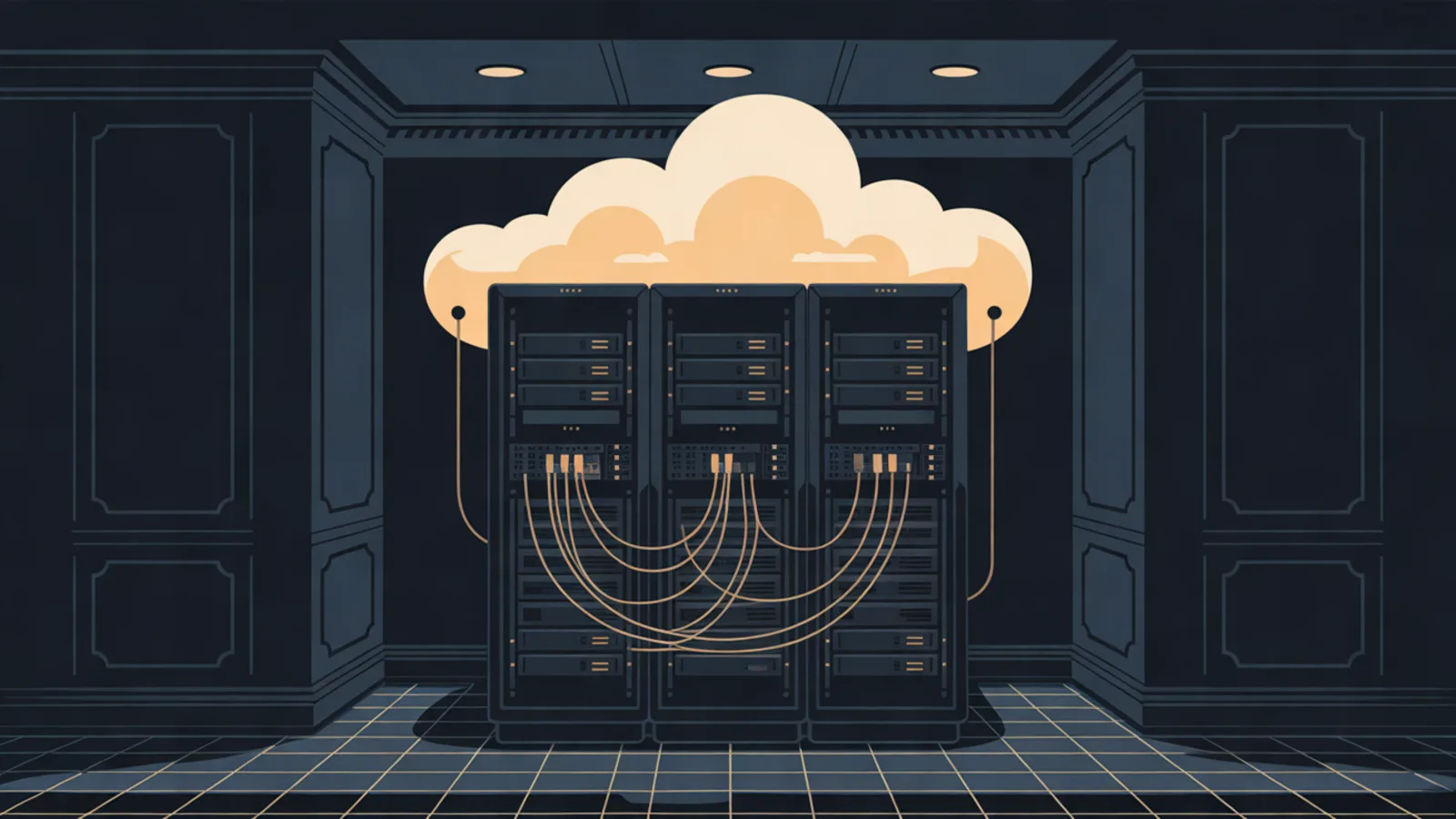 A rack of servers in a dark paneled back room, cabled together with gold lines, under a soft cream colored cloud shape.