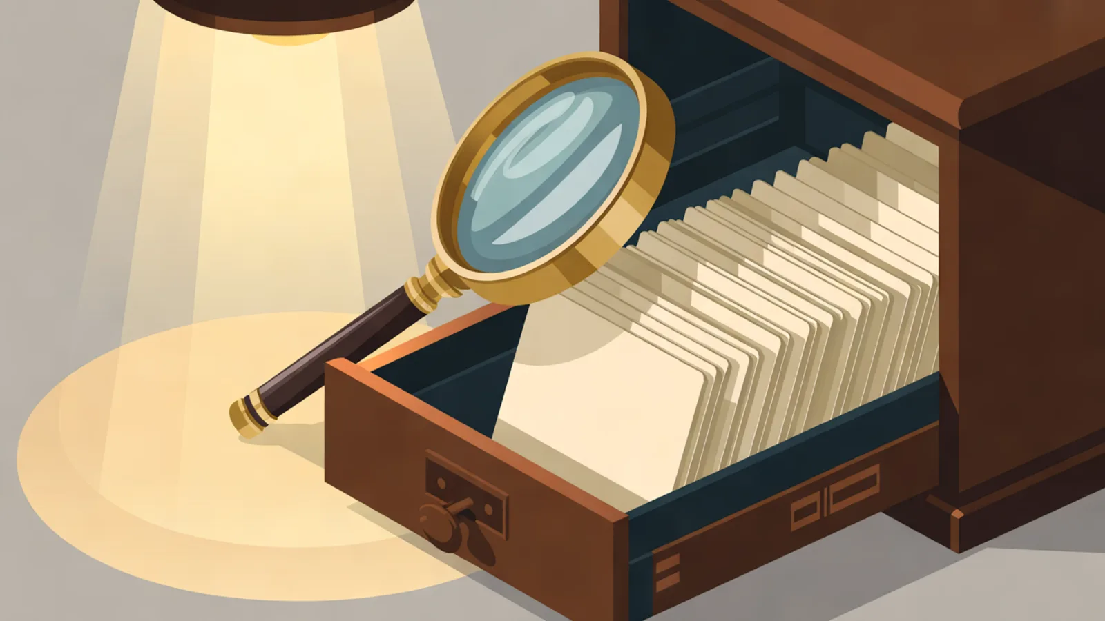 A brass magnifying glass resting against an open wooden card catalog drawer full of blank index cards under a soft lamp.