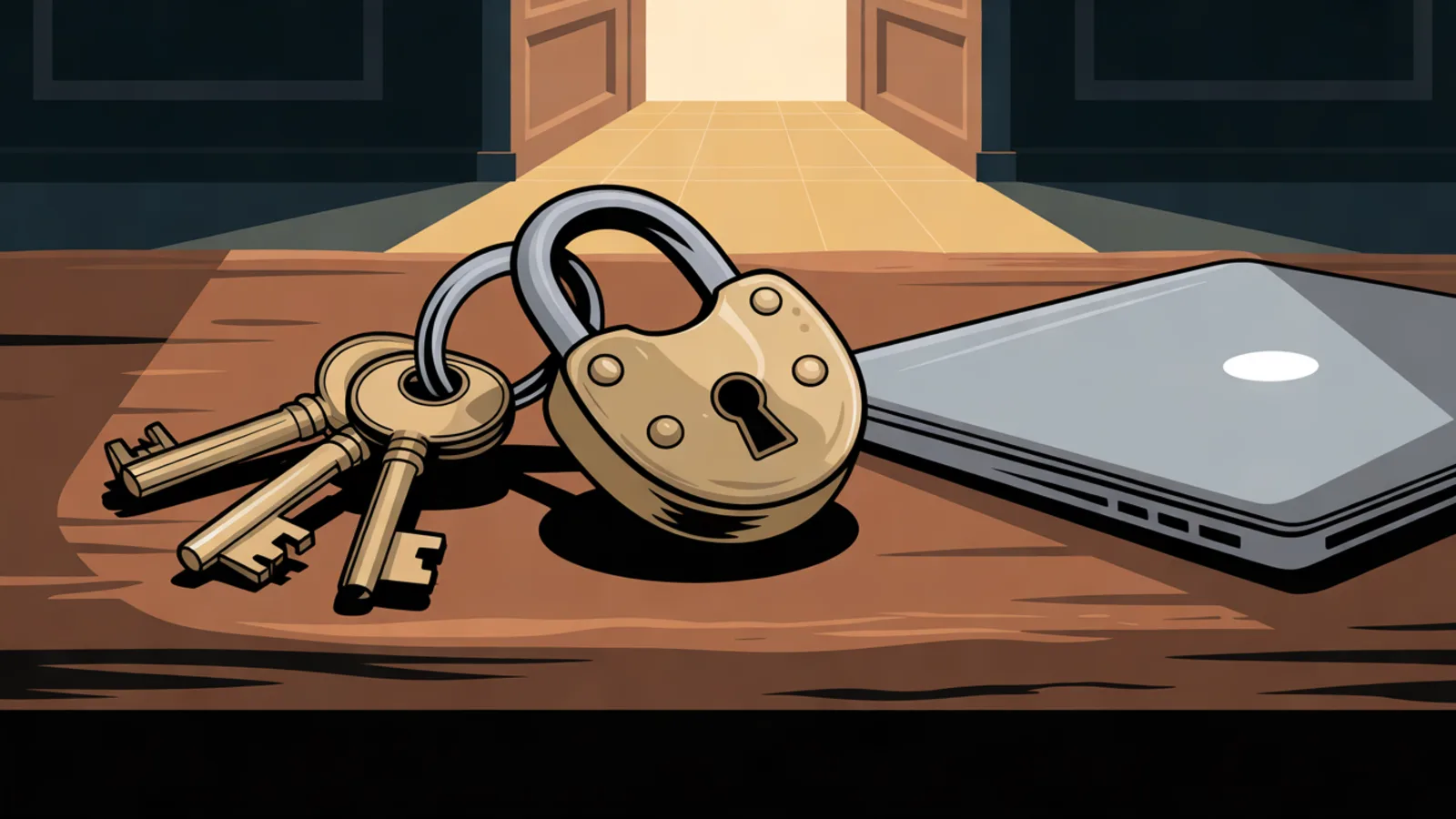 A ring of brass keys and a closed brass padlock beside a closed laptop on a wooden desk, with a lit doorway in the background.