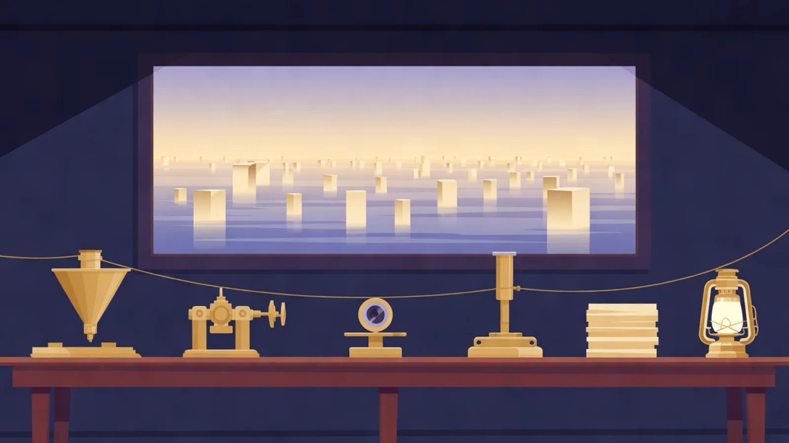 A workshop table with five brass machines in a row, a funnel, a small press, a lens, a stack of cards and a lantern, joined by one golden line, under a window showing glowing blocks on calm water.
