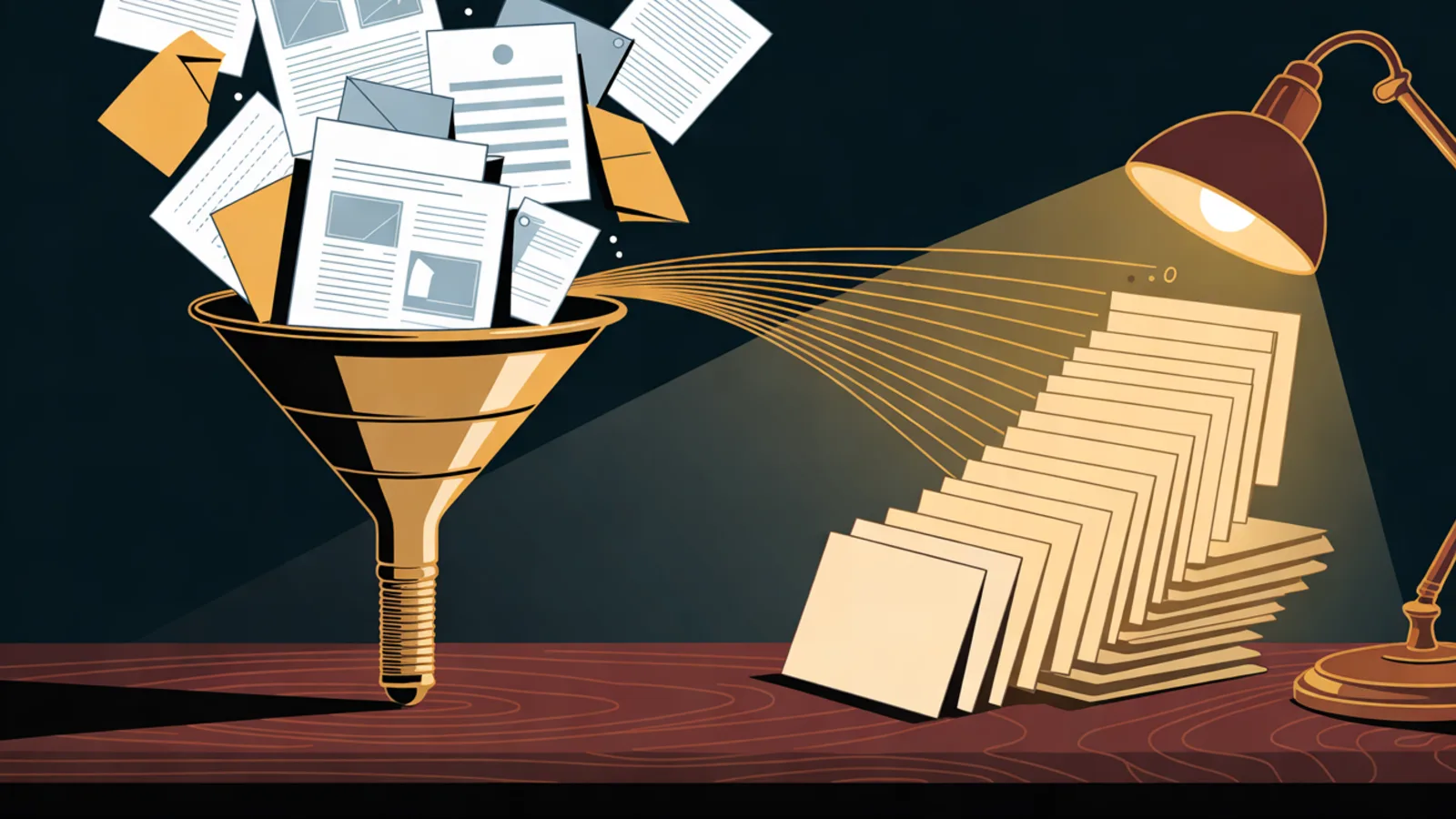 Loose papers, letters and scanned pages pouring into a brass funnel on a desk, with lines of light flowing out onto a neat stack of blank cards under a lamp.