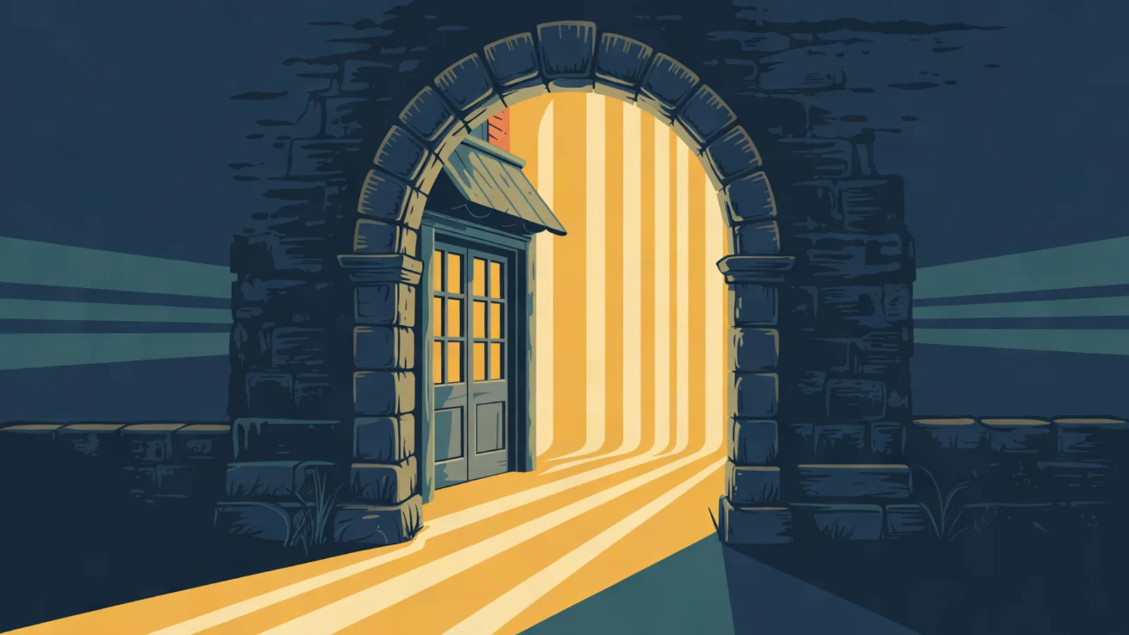 A stone archway in front of a small shop door, with bands of golden light streaming through the arch toward the door at night.