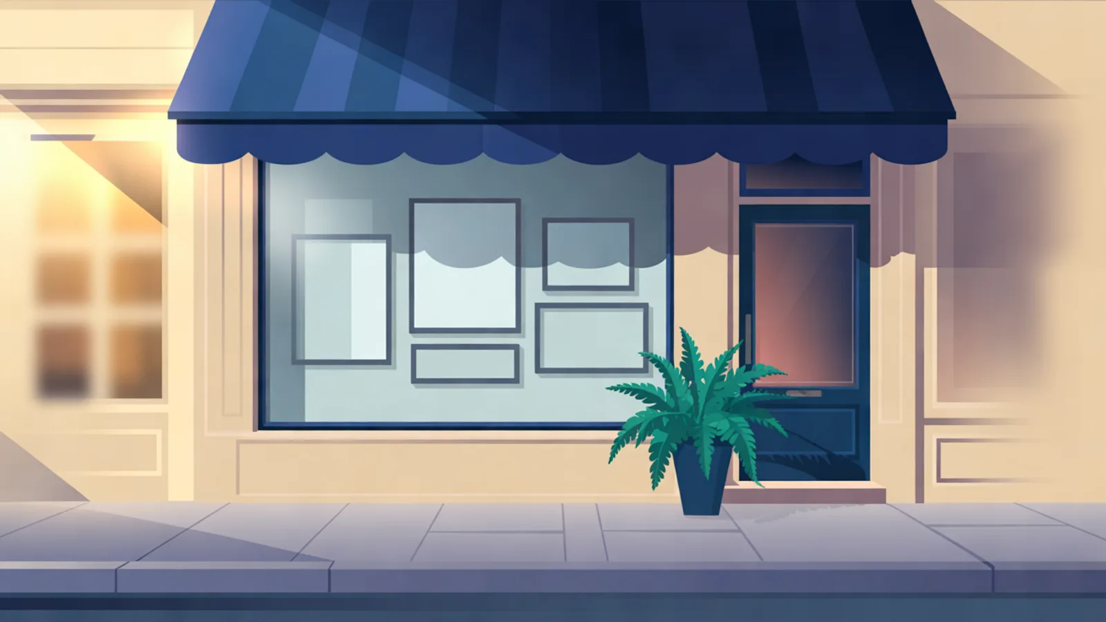 A storefront under a navy awning whose window shows blank framed panels arranged like a web page layout, with a potted fern by the door.