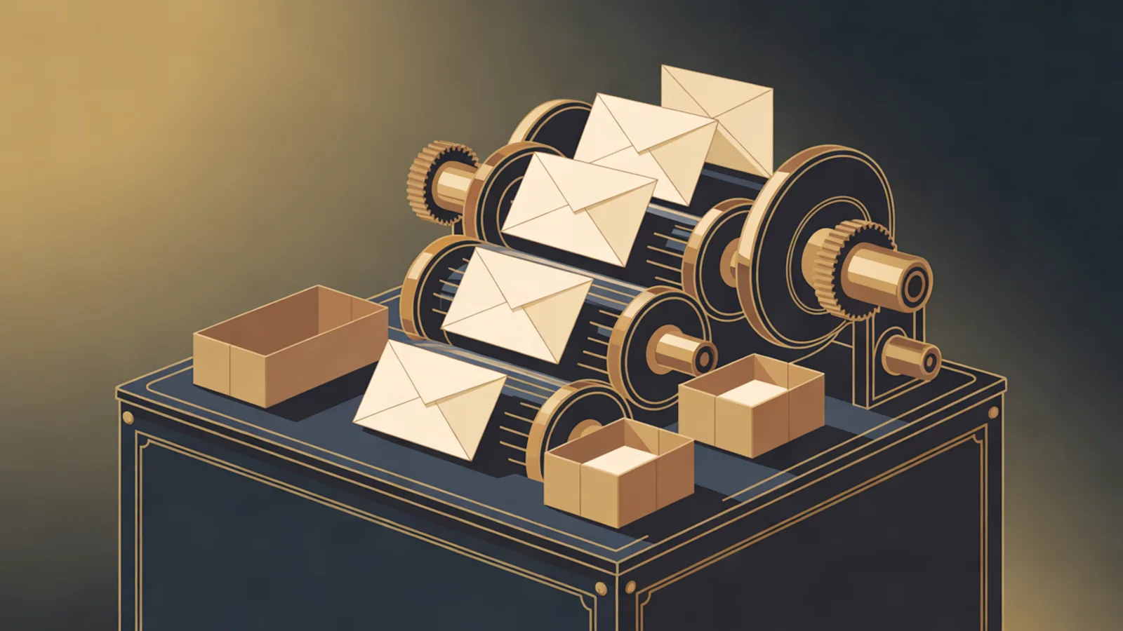 A tabletop machine of brass rollers and gears moving paper envelopes past open cardboard boxes on a dark navy stand.