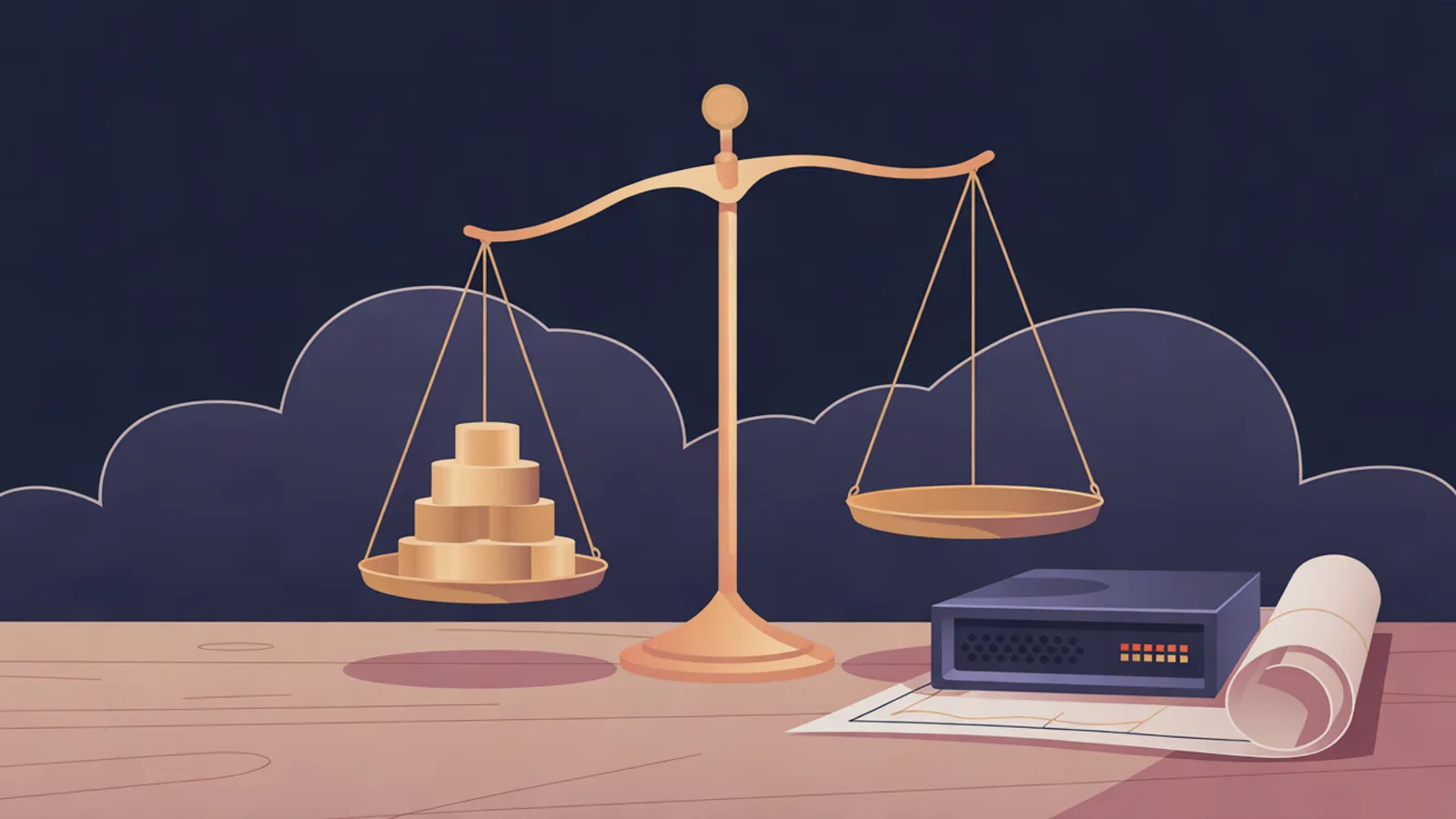 A balance scale compares cloud blocks with a server and a blueprint on a desk.
