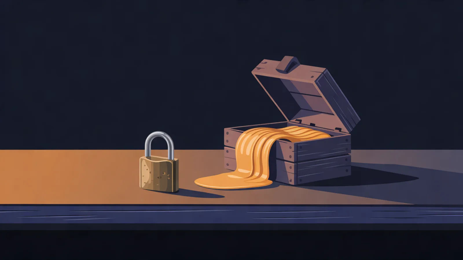 A small open wooden crate on a navy workbench with glowing amber ribbons spilling over its rim, a brass padlock resting beside it.
