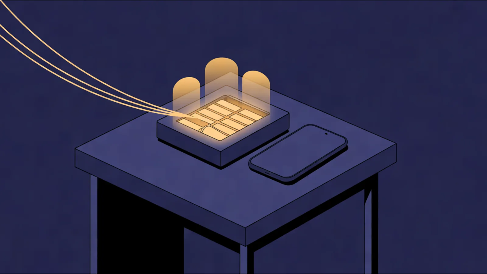A small glowing switchboard box on a dark desk with three thin amber lines running into it and three soft blocks of light rising from it, a plain smartphone lying beside it.