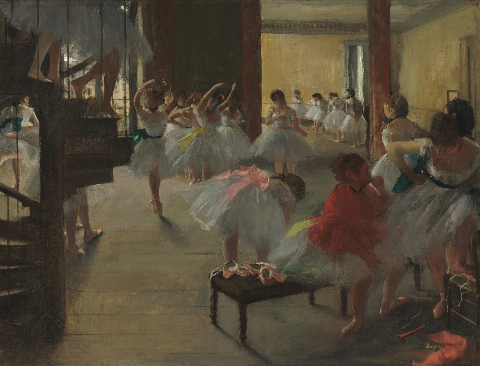 Ballet dancers practice and adjust their shoes in Edgar Degas's The Dance Class.