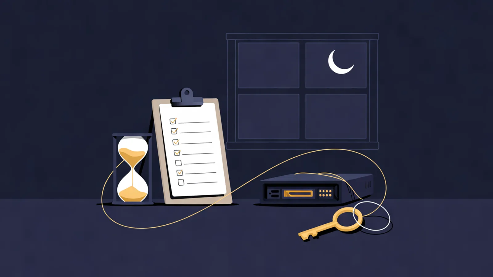 A clipboard checklist, an hourglass, a small server and a key on a desk at night, joined by a golden loop.