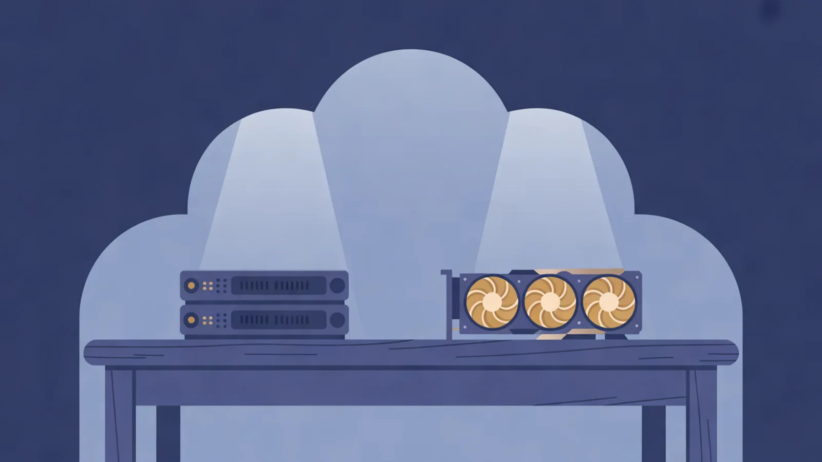 A compact rack server and a graphics card with three gold fans side by side on a wooden desk, under a soft cloud shape on a navy background.