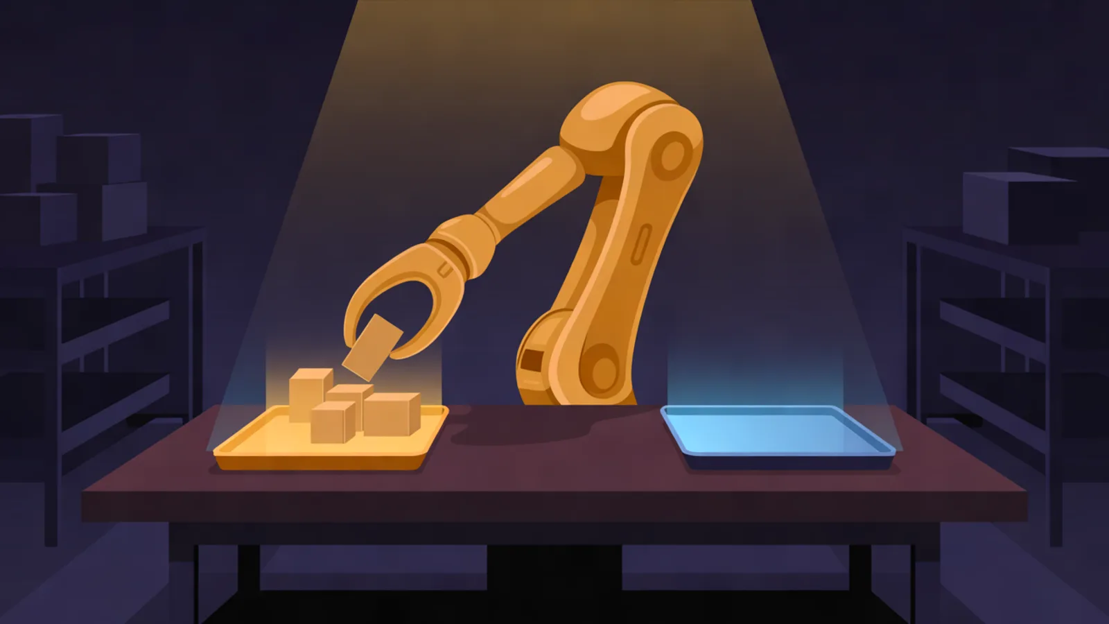 A plain amber robot arm sorting a pile of small parcels into two trays on a dark workbench, one tray glowing, one dim.