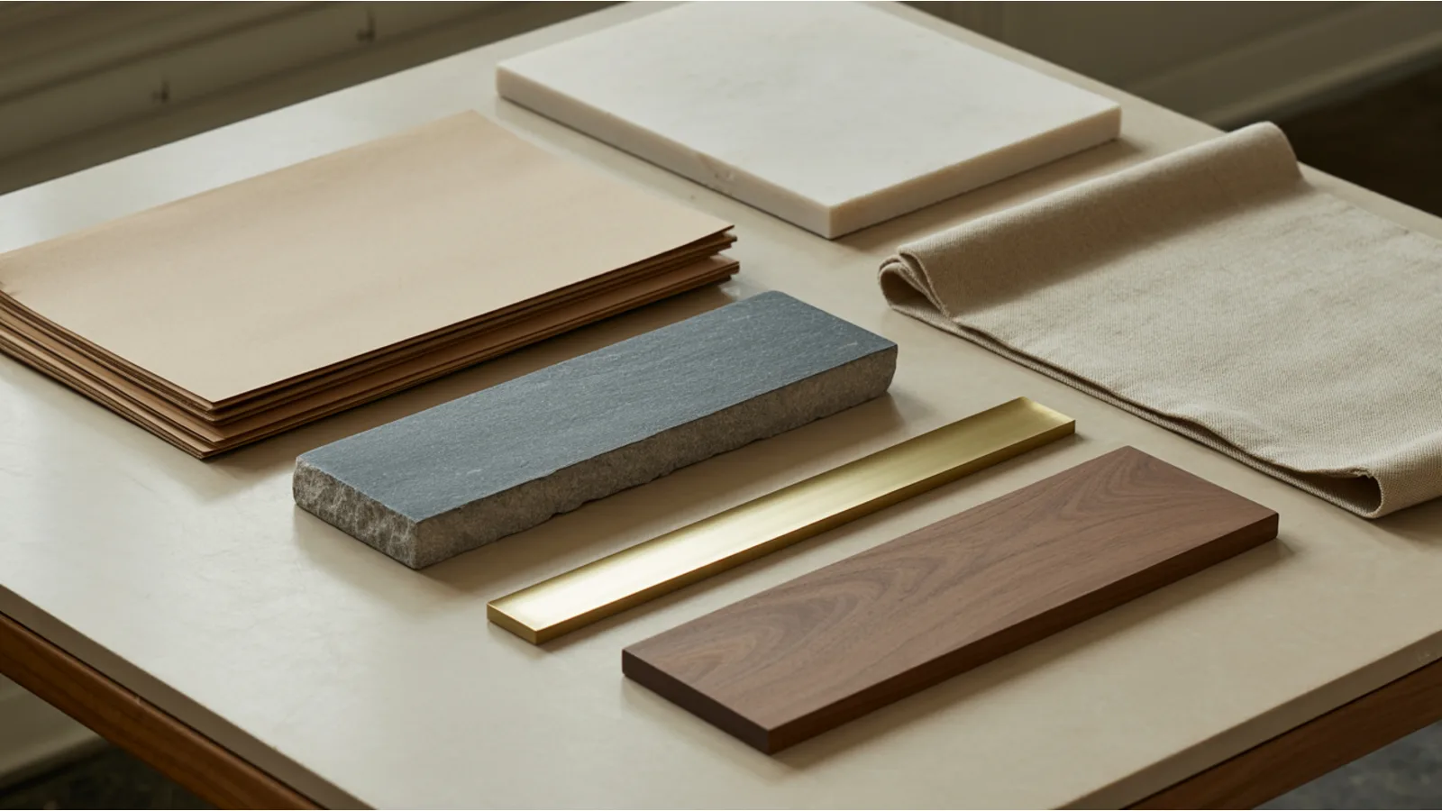 An architect's material palette laid out on a bone-white studio table: warm paper stock, a slab of charcoal stone, a brushed brass strip, folded oatmeal linen, and a walnut block, spaced generously apart in soft light.