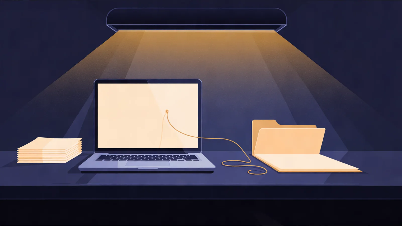 A laptop on a lit shop counter between a stack of blank papers and an open folder, joined by one amber cable.