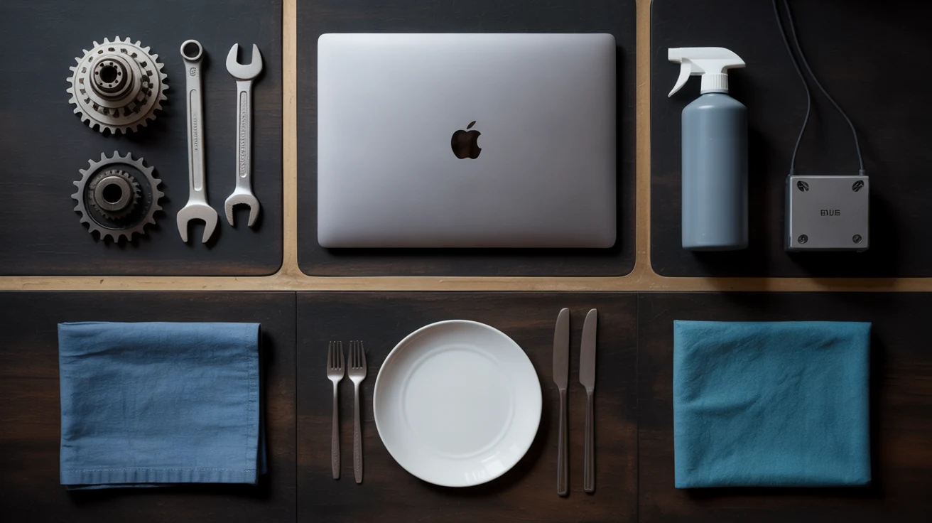 Workshop tools, a catering place setting and cleaning supplies arranged around a laptop.