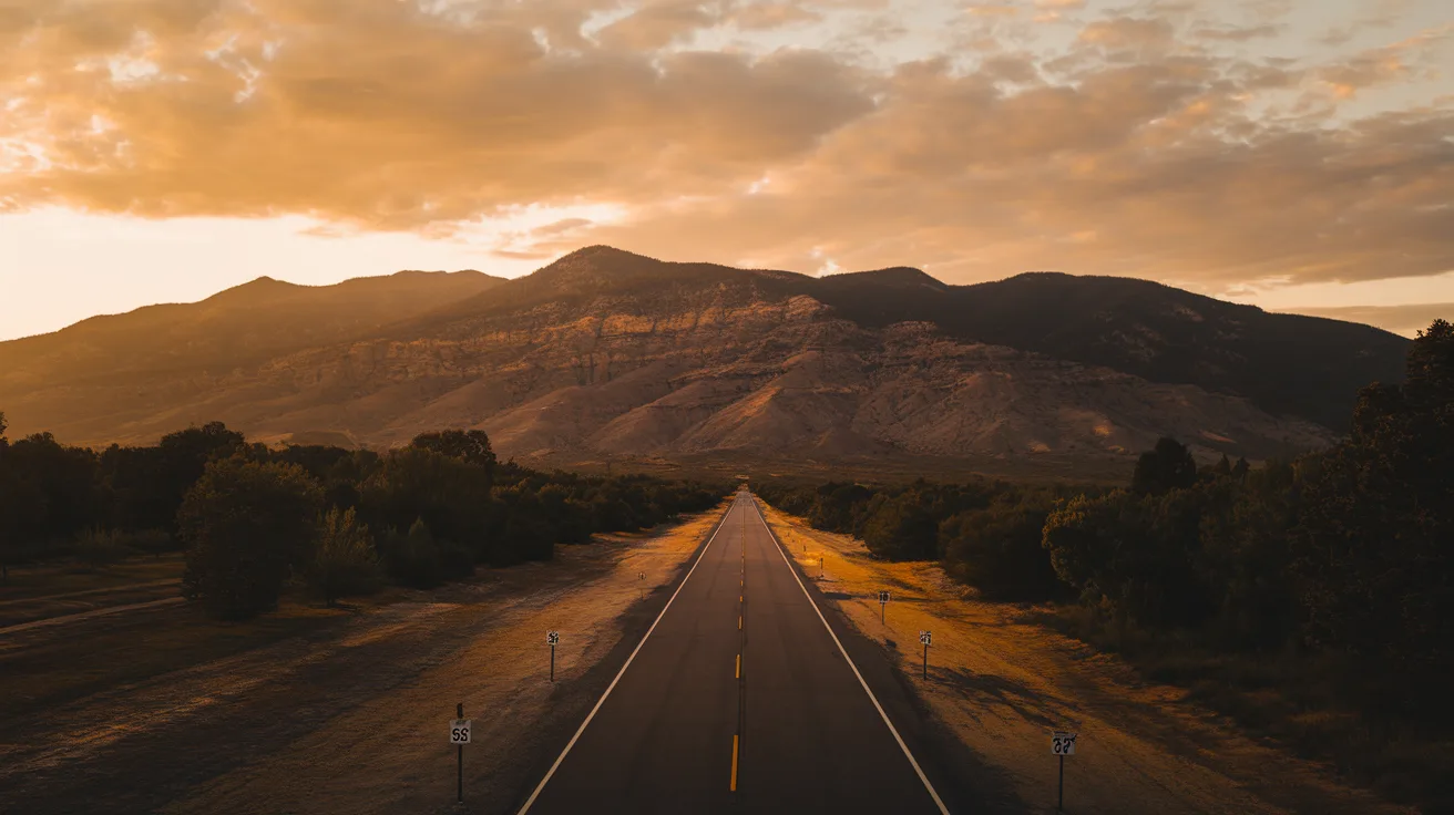 Open road stretching toward mountains at golden hour