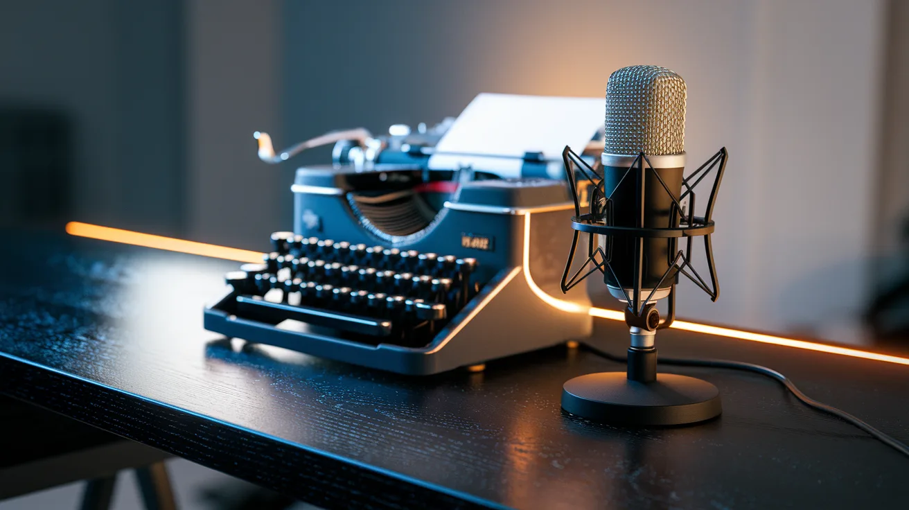 Professional podcast microphone and typewriter on a dark wooden desk