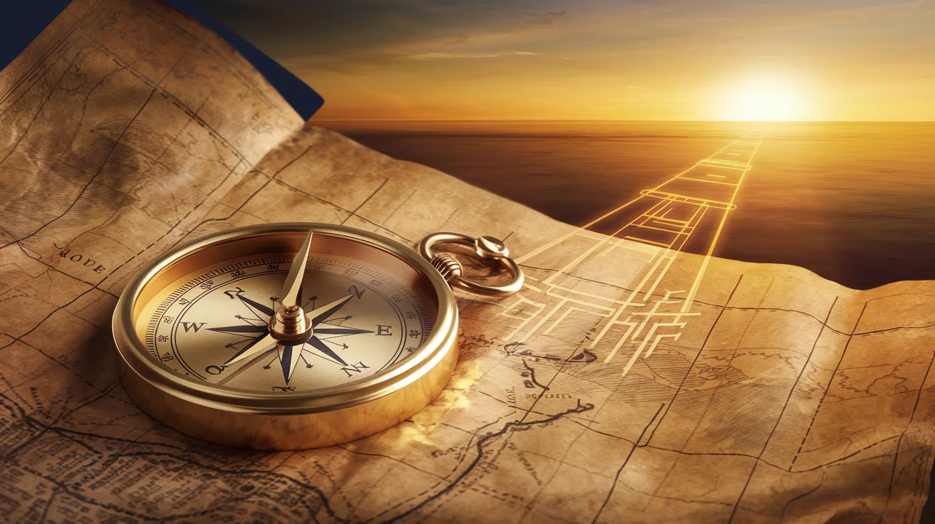 Golden compass on a map pointing toward a sunrise horizon