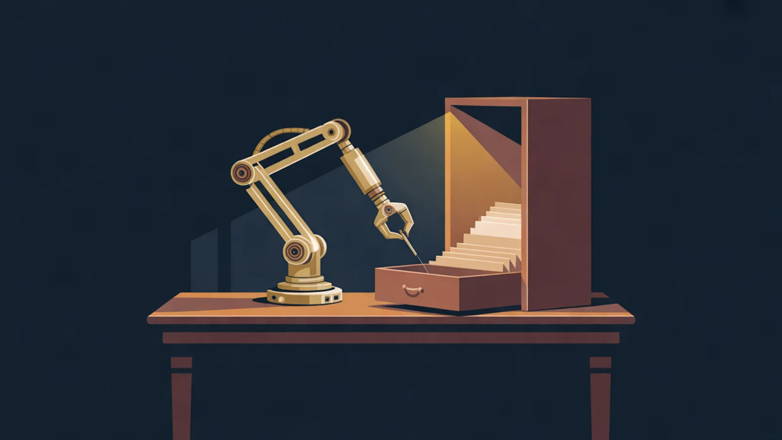 A small brass robot arm on a wooden table reaching into an open drawer beside a tall cabinet of filed cards, lit by a soft amber light against a navy background.