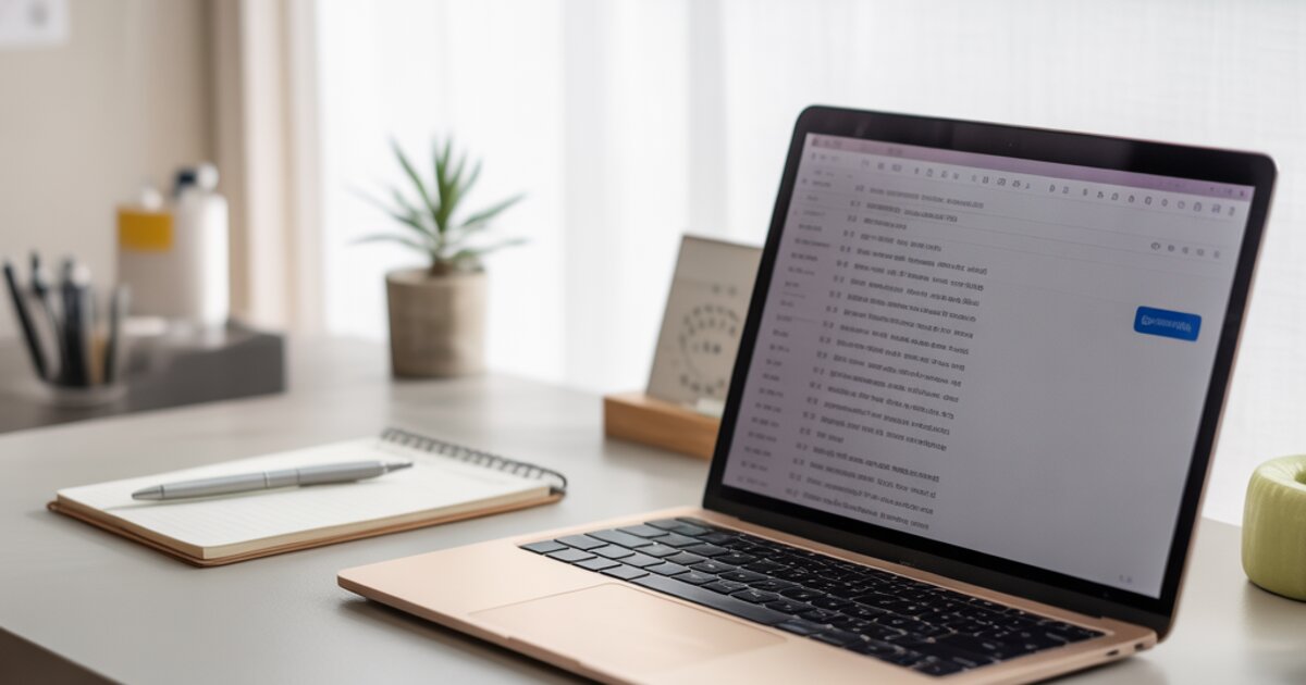 Minimalist desk with open laptop, notepad, pen, and small plant in soft natural light