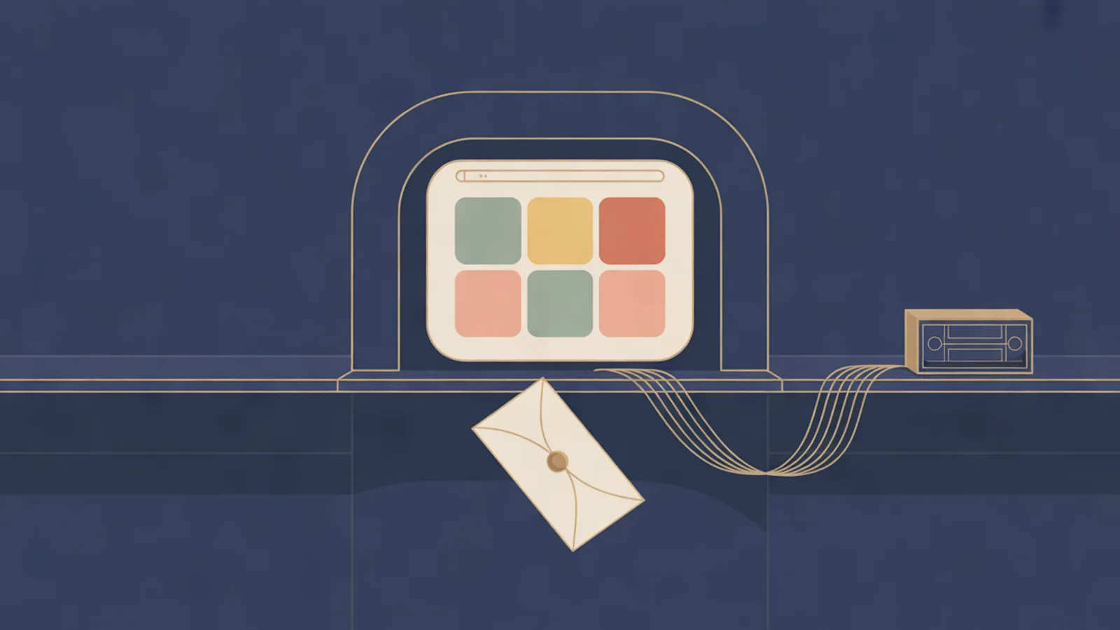 A rounded screen showing six colored app tiles inside a golden arch on a navy shelf, with a sealed envelope below it and thin golden lines running to a small server box.