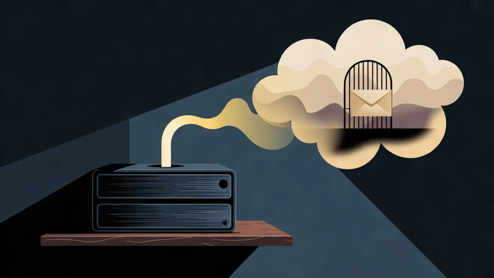 A small dark server on a wooden shelf with a glowing tube rising from it into a cream colored cloud, where an envelope rests inside a small arched gate.