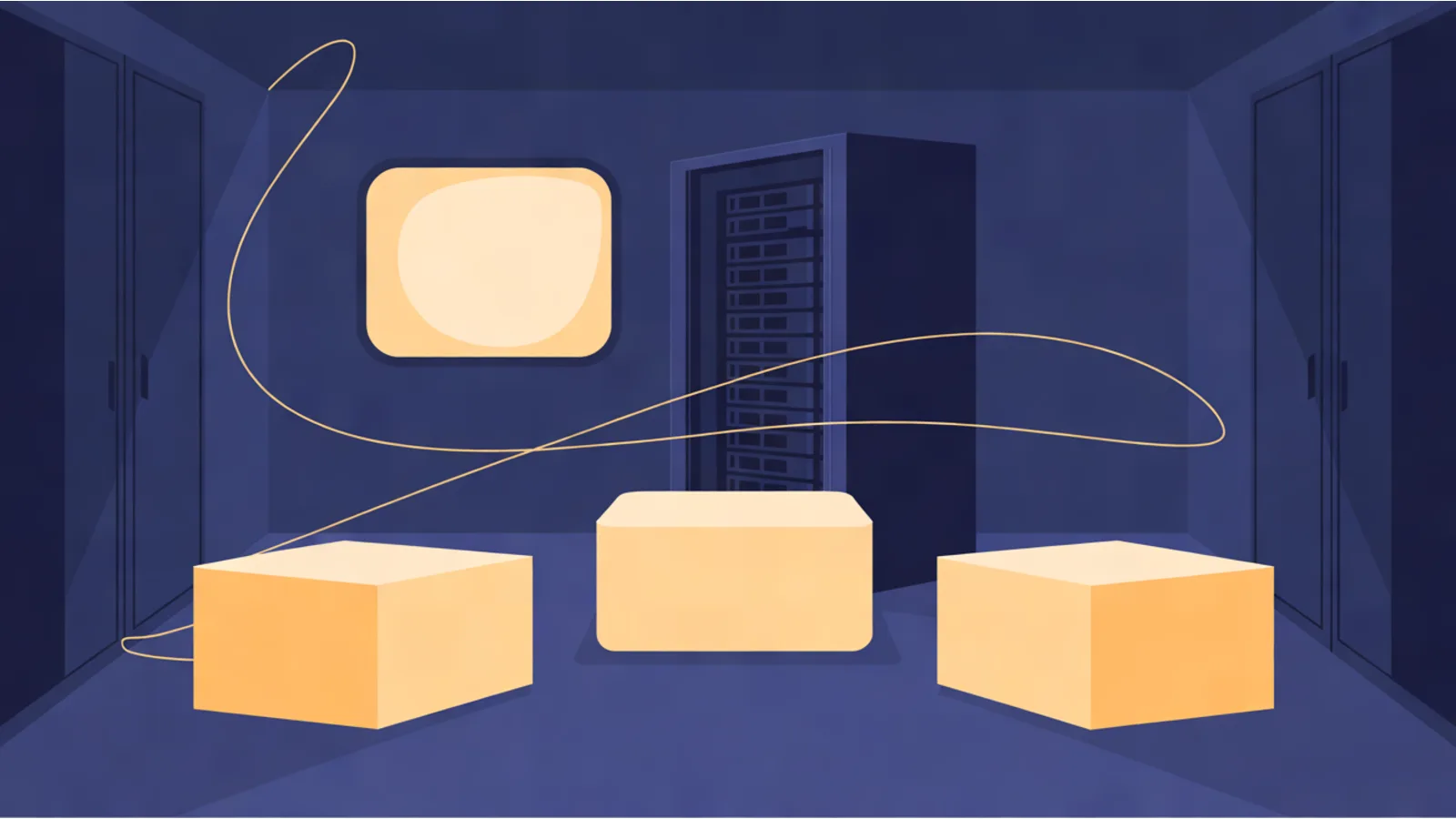 Three plain glowing blocks on the floor of a dark server room, a thin amber line looping past a server rack and a blank glowing window panel.