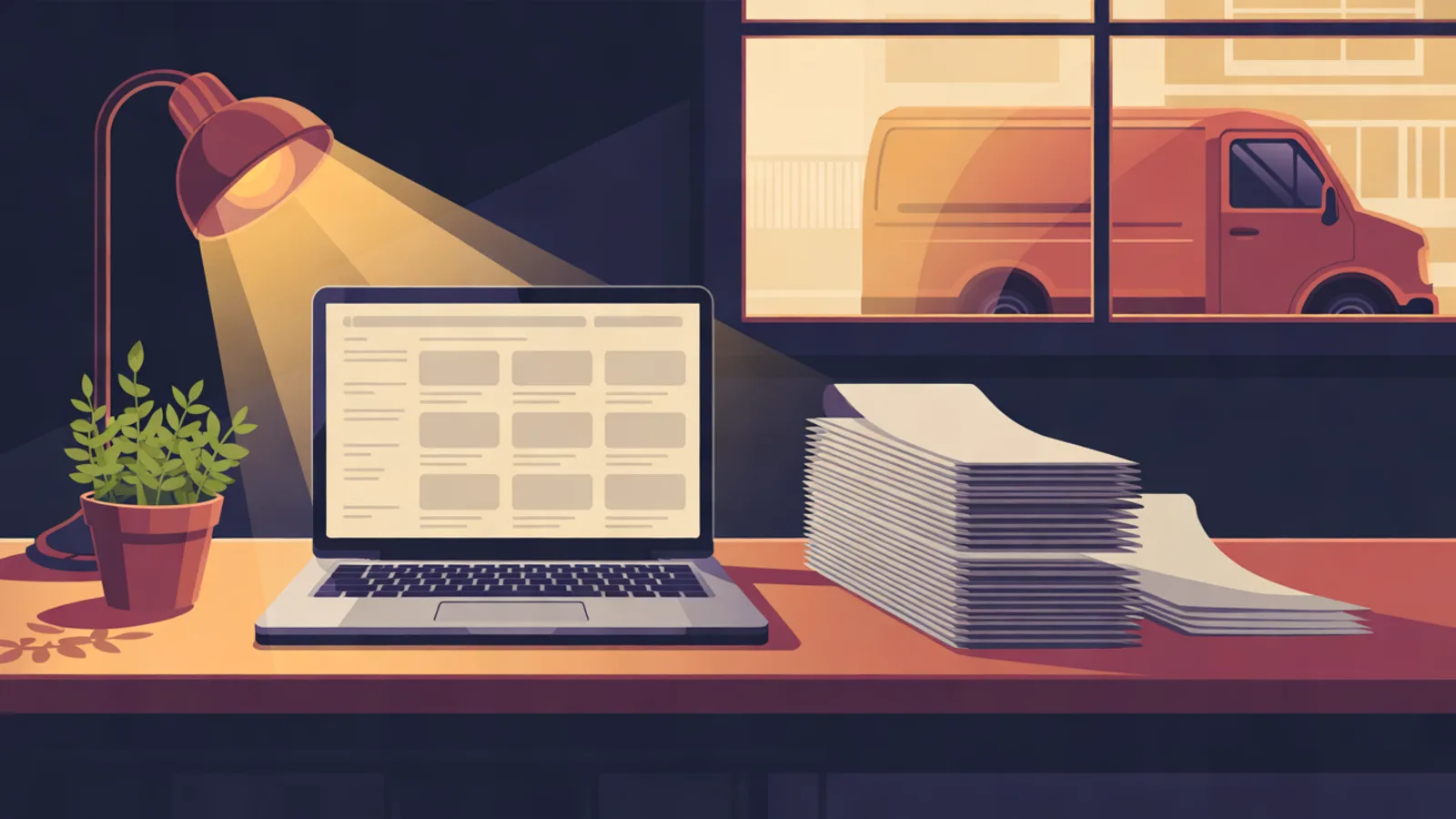 A laptop showing a simple blank app layout on a warm wooden counter under a red desk lamp, beside a potted herb and a tall stack of paper slips, with a delivery van parked outside the window.