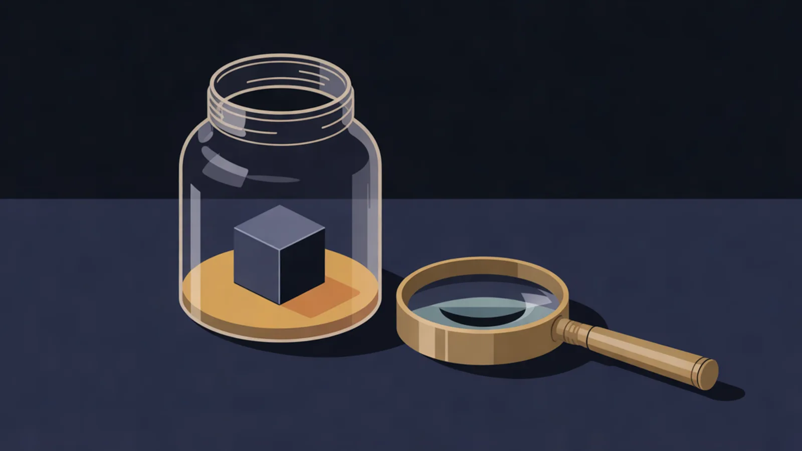 An open glass sample jar holding one small dark cube on a navy workbench, a brass magnifying lens lying beside it.