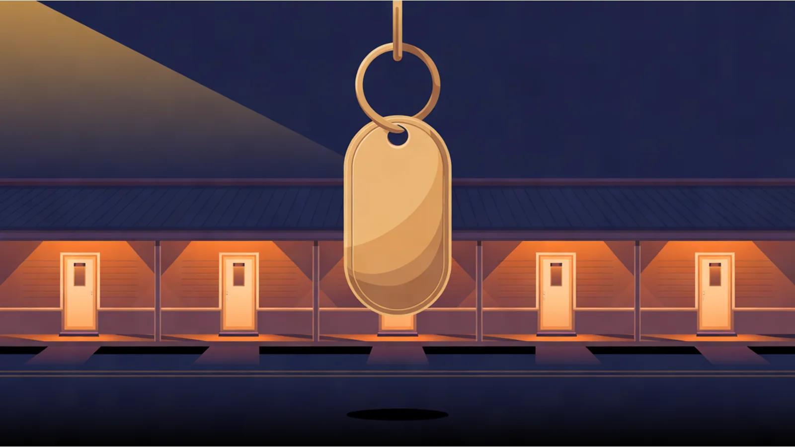 A row of motel room doors lit warm amber at dusk under a deep navy sky, with a large brass key tag on a ring, its face blank, hanging in front of them and a beam of light falling from the upper left.