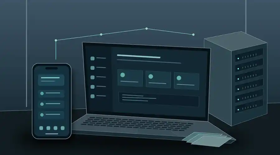 Conceptual illustration of a phone, laptop, server cabinet and separate project records connected across a shared workspace.