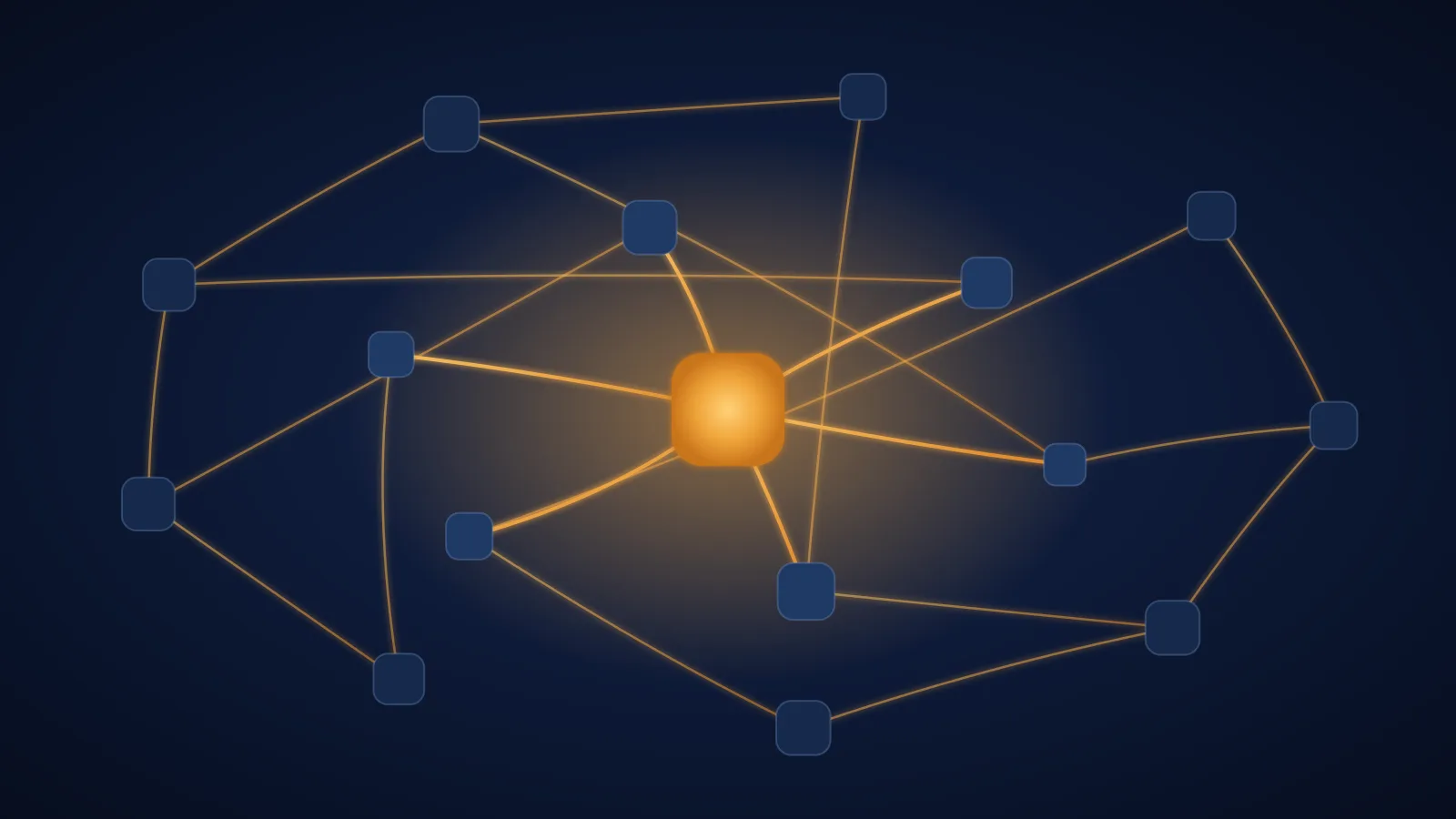 Small rounded blocks joined by glowing lines on a dark navy field, one amber block at the center sending light to the others.