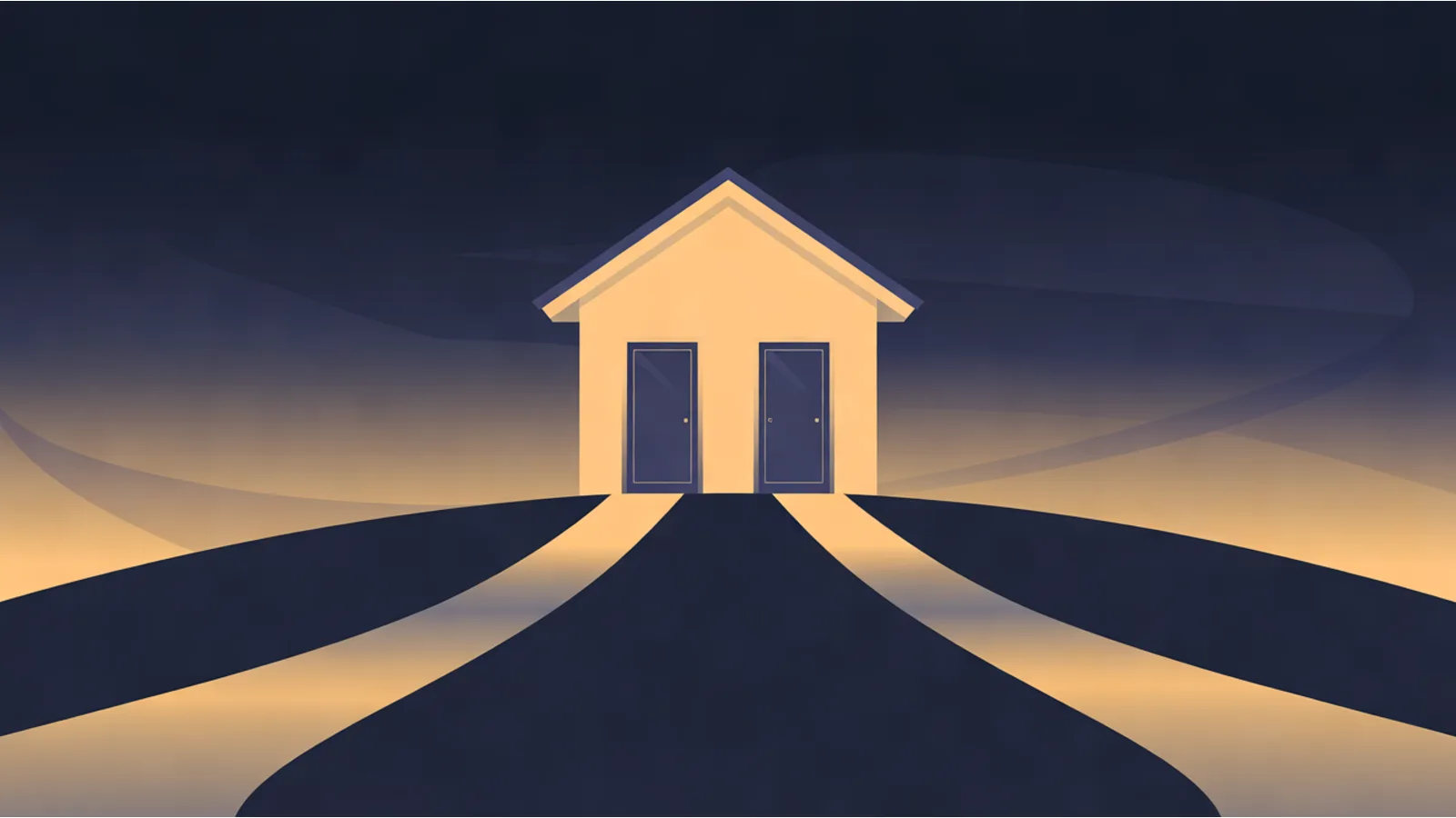 A small house on a hill at dusk with two identical front doors side by side, each reached by its own lit path.