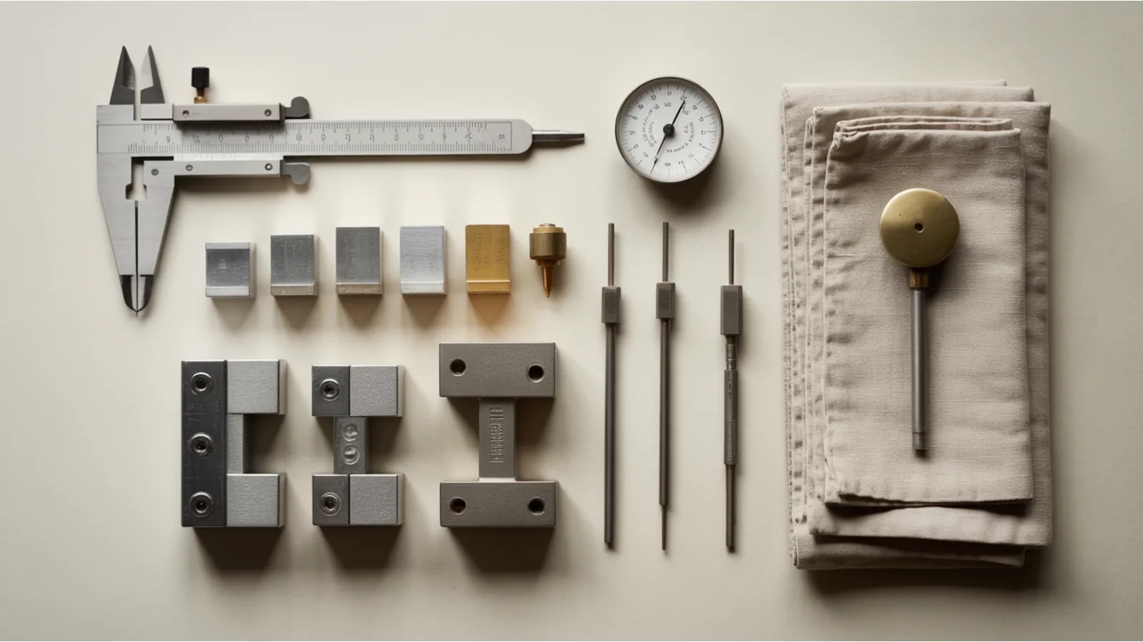 An overhead flat lay of a precision toolmaker's kit on a bone-white surface: calipers, graduated gauge blocks, machinist squares and a dial indicator arranged in a strict grid.