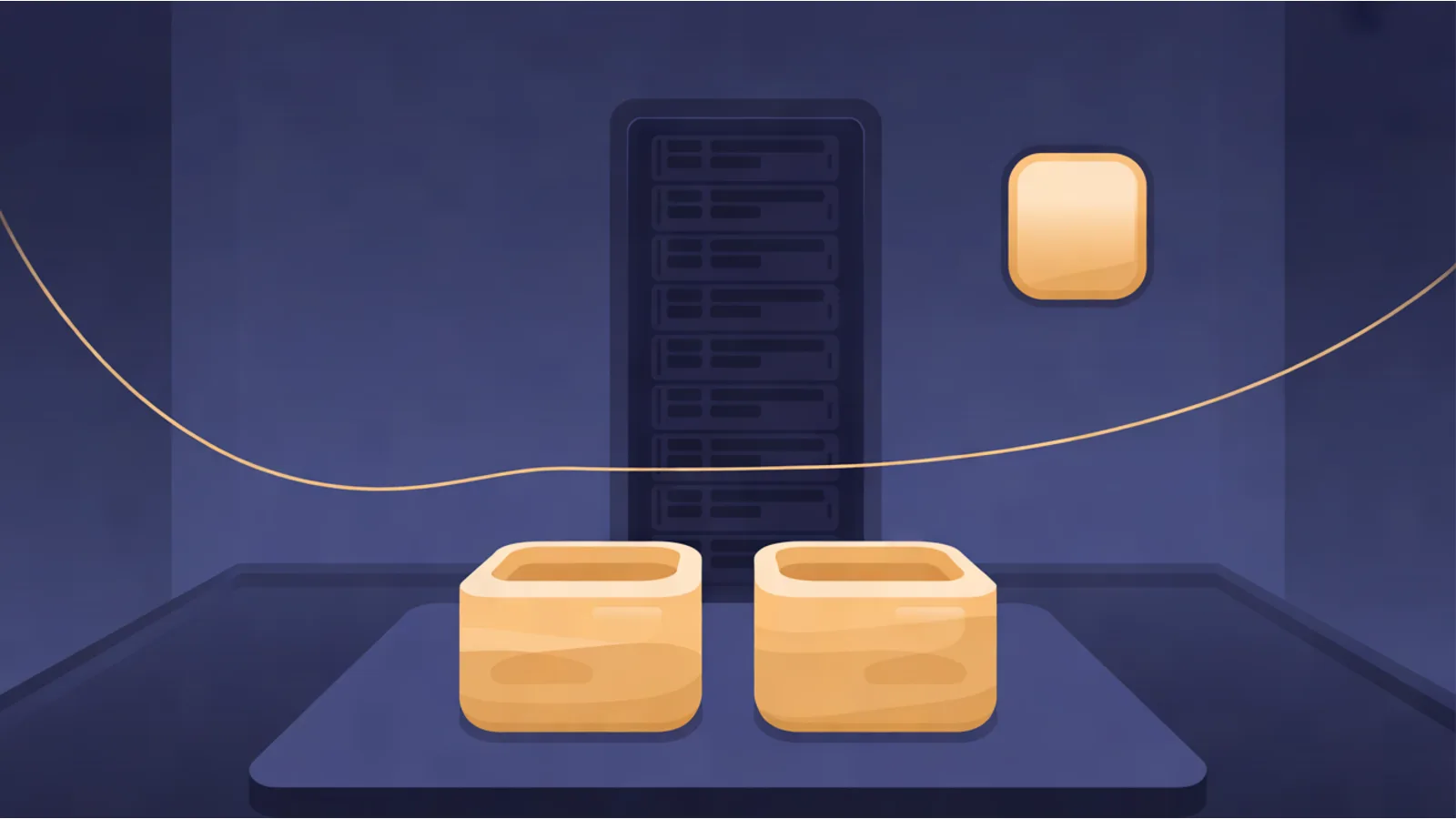 Two plain amber container shapes on a table in front of a dark server rack, a thin amber line sweeping past and a small blank window panel glowing on the wall.