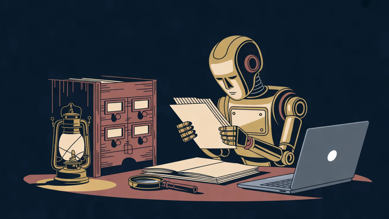 A brass robot at a desk reading cards beside an open card catalog, with a lantern, a magnifying glass, an open notebook and a closed laptop.